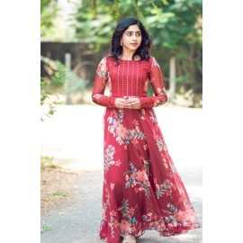 Beautiful Embroidery Mirror  Work and Flowers Print Gown 