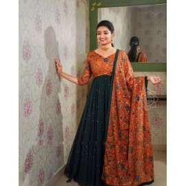 Fox Georgette Complete Lining and Kalamkari Print Long Traditional Gown 