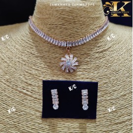 Flower Pendant Rose Gold Diamond Necklace Set 
