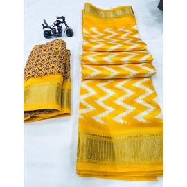 Golden Zari Weaving Zig Zag Border Soft Cotton Slub 