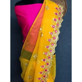 Beautiful Yellow Colour Embroidery  Work Saree 