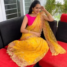Beautiful Yellow Colour Embroidery  Work Saree 