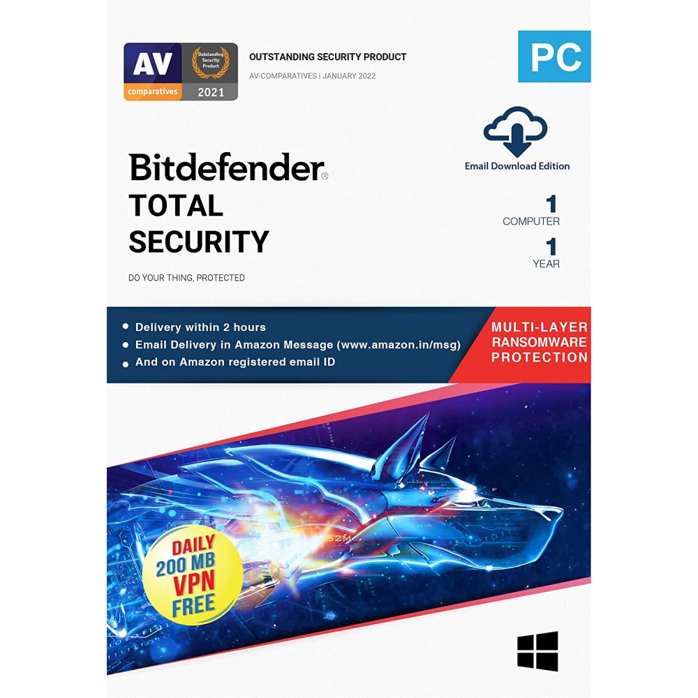 Bitdefender - 1 Computer,1 Year - Total Security | Windows | Latest Version | Email Delivery in 2 Hours- No CD |