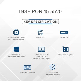Dell Inspiron 3520 Laptop, Intel Core i5-1235U, Windows 11 + MSO'21, 8GB, 512GB SSD, 15.6" (39.62Cms) FHD WVA AG 120Hz 250 nits, Black (D560871WIN9B, 1.65Kgs)