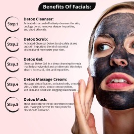 GEMBLUE BioCare Charcoal Skin Detox Kit, (Set of 4) Cleansing cream, Face Scrub,Massage Gel, Face Massage Cream,and Face Pack, For Skin removing Blackheads, Reduces Pore Size, Anti Pollution and give Glowing on skin, 275g