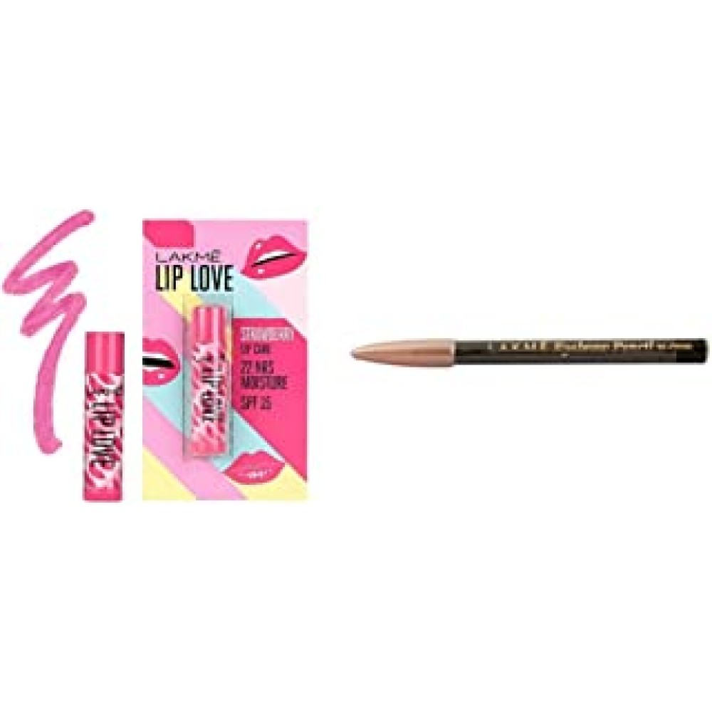 Lakme Lip Love Chapstick, Strawberry, 4.5g & Lakme Eyebrow Pencil, Black, 1.2g