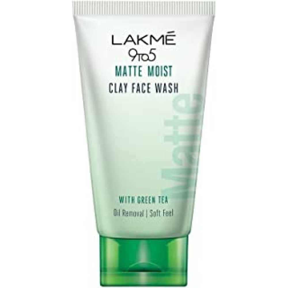 LAKMÉ 9to5 Matte Moist Clay Facewash, Green Tea, Kaolin and Bentonite Clay, Removes Excess Oil, Cleansed, Refreshed Matte Looking Skin, 100g, White