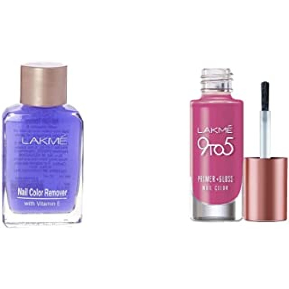 Lakmé Nail Color Remover, 27ml & Lakmé 9 to 5 Primer + Gloss Nail Colour, Pink Pace, 6 ml