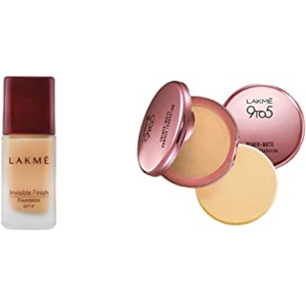 LAKMÉ Invisible Finish SPF 8 Foundation, Shade 01, 25ml and 9 to 5 Primer with Matte Powder Foundation Compact, Ivory Cream, 9g