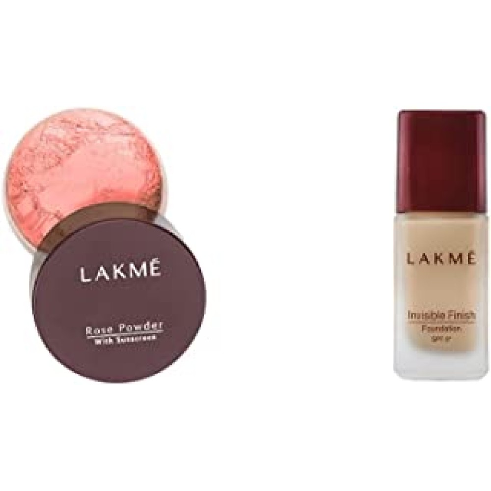 Lakmé Rose Face Powder, Warm Pink, 40g And Lakmé Invisible Finish SPF 8 Foundation, Shade 04, 25ml