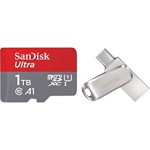 SanDisk Ultra UHS I 1TB MicroSD Card 120MB/s R, for Smartphones & Ultra Dual Drive Luxe USB Type-C 512GB, Metal Pendrive for Mobile (Silver)
