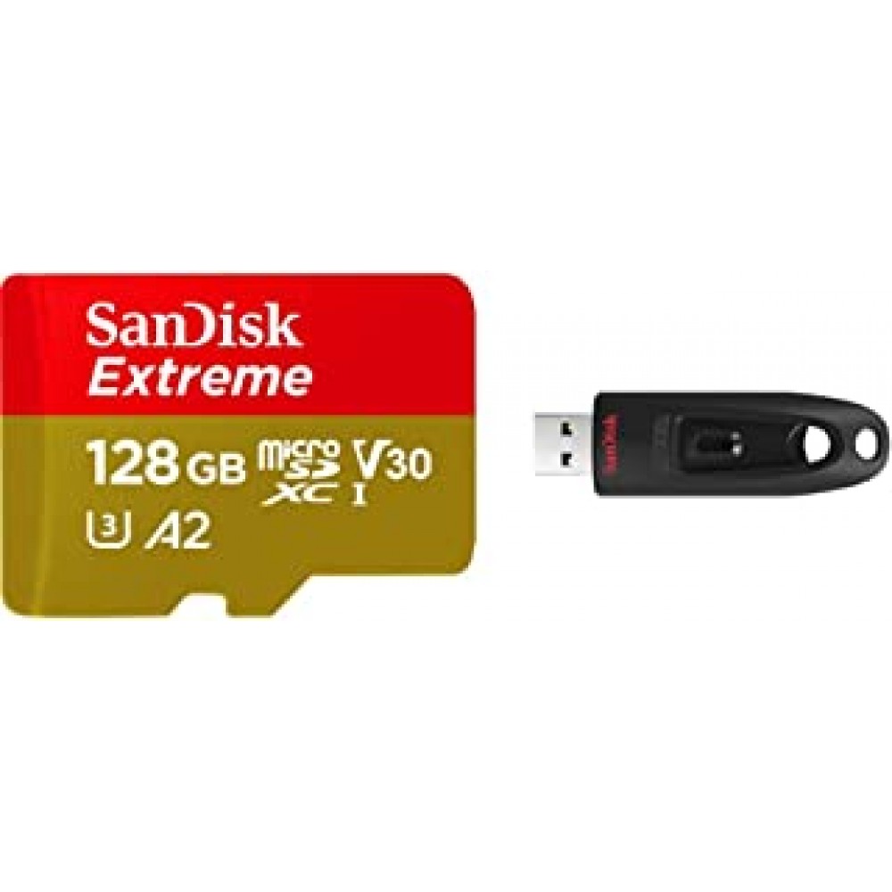 SanDisk Extreme microSD UHS I Card 128GB for 4K Video on Smartphones,Action Cams 190MB/s Read,80MB/s Write & Ultra 128 GB USB 3.0 Pen Drive (Black)