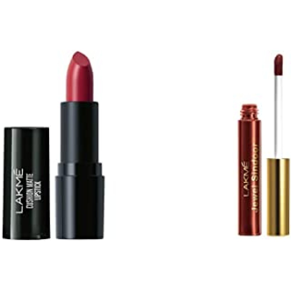 Lakmé Cushion Matte Lipstick, Red Wine, 4.5 g & Lakme Jewel Liquid Sindoor, Maroon, With Sponge Tip Applicator - Long Lasting, Smudge Proof and Quick Drying,4. 5 ml