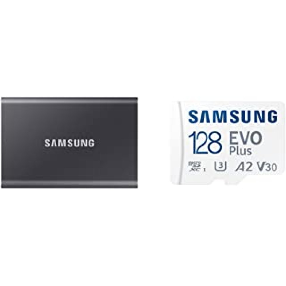 Samsung T7 500GB Up to 1,050MB/s USB 3.2 Gen 2 (10Gbps, Type-C) & EVO Plus 128GB microSDXC UHS-I U3 130MB/s Full HD & 4K UHD Memory Card with Adapter (MB-MC128KA), Blue