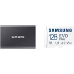 Samsung T7 500GB Up to 1,050MB/s USB 3.2 Gen 2 (10Gbps, Type-C) & EVO Plus 128GB microSDXC UHS-I U3 130MB/s Full HD & 4K UHD Memory Card with Adapter (MB-MC128KA), Blue