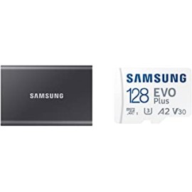 Samsung T7 500GB Up to 1,050MB/s USB 3.2 Gen 2 (10Gbps, Type-C) & EVO Plus 128GB microSDXC UHS-I U3 130MB/s Full HD & 4K UHD Memory Card with Adapter (MB-MC128KA), Blue