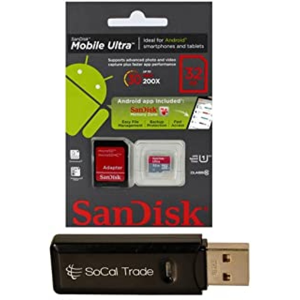 32GB SanDisk MicroSD HC MicroSDHC Class 10 Memory Card 32G (32 Gigabyte) for Sony Xperia Z1 Z2 Z2a T2 T3 Ultra C3 E1 M2 Aqua Tablet with SoCal Trade, Inc. MicroSD & SD USB Memory Card Reader