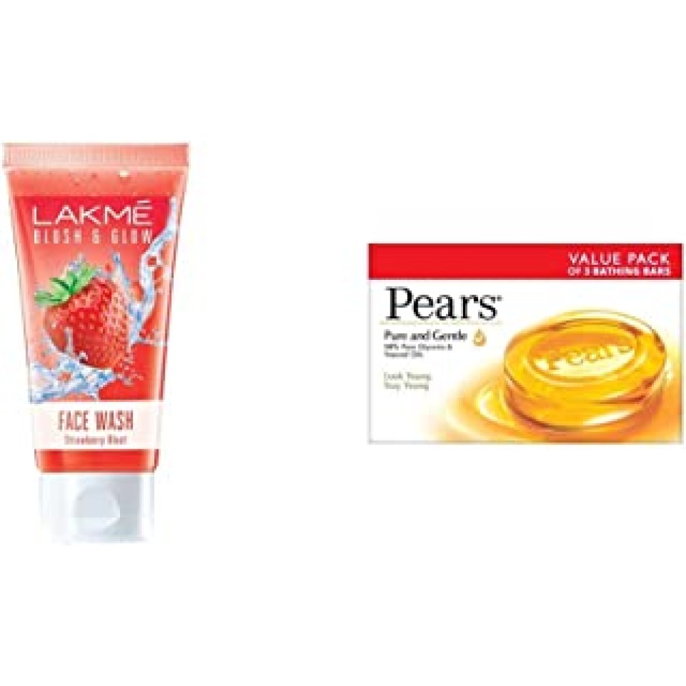 Lakmé Blush and Glow Strawberry Gel Face Wash, 100g & Pears Pure And Gentle Soap Bar, 125g (Pack Of 3)