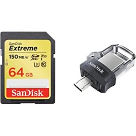 SanDisk Extreme SDXC, SDXVE 64GB, V30, U3, C10, UHS-I, 90MB/s R, 40MB/s W, for 4K Video & Ultra Dual 64 GB USB 3.0 OTG Pen Drive (Black)