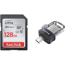 SanDisk Ultra SDXC UHS-I Card 128GB 120MB/s R, for DSLR Cameras, for Full HD Recording, 10Y Warranty & Ultra Dual 64 GB USB 3.0 OTG Pen Drive (Black)