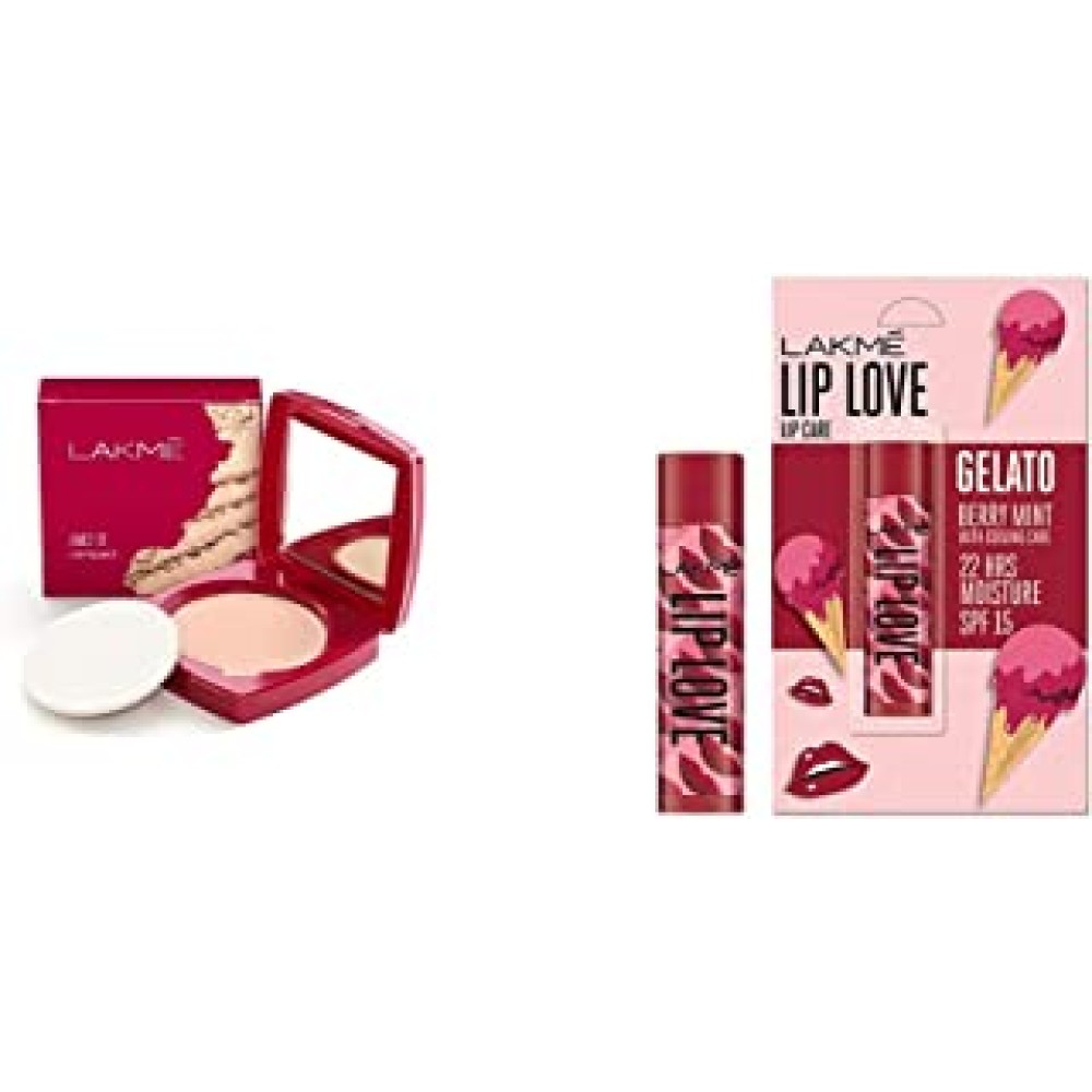 LAKMÉ Face It Compact, Pearl, 9 g & Lakmé Lip Love Gelato Chapstick, Moisturizing Tinted Lip Balm With Spf 15, Crème Finish, 4.5g - Berry Mint