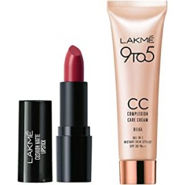 Lakmé Cushion Matte Lipstick, Red Wine, 4.5 g & Lakme 9 to 5 CC Cream Mini, 01 - Beige, Light Face Makeup with Natural Coverage, SPF 30 , 9 g