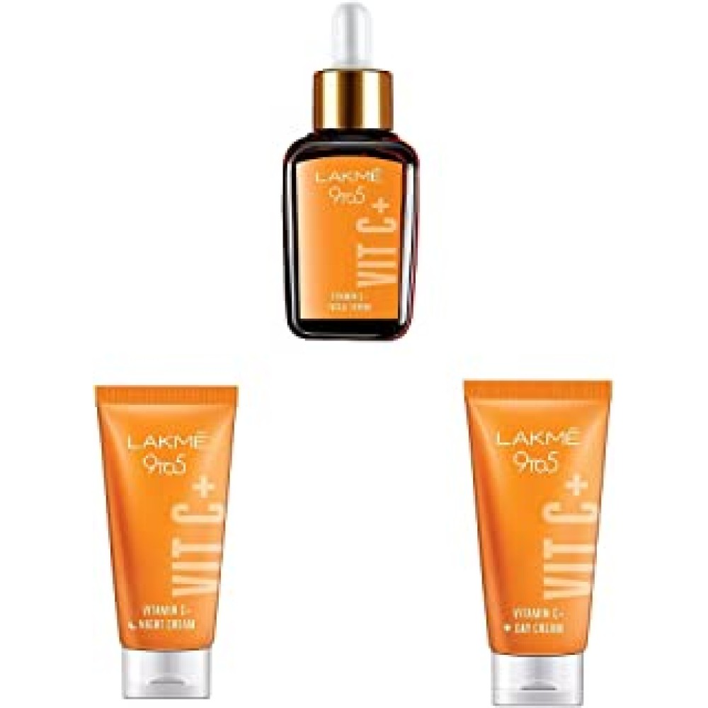 Lakmé Vitamin C+ skincare combo for healthy, glowing skin - with Serum, Day Cream, and Night Cream | 100X power of Vitamin C | For all skin types