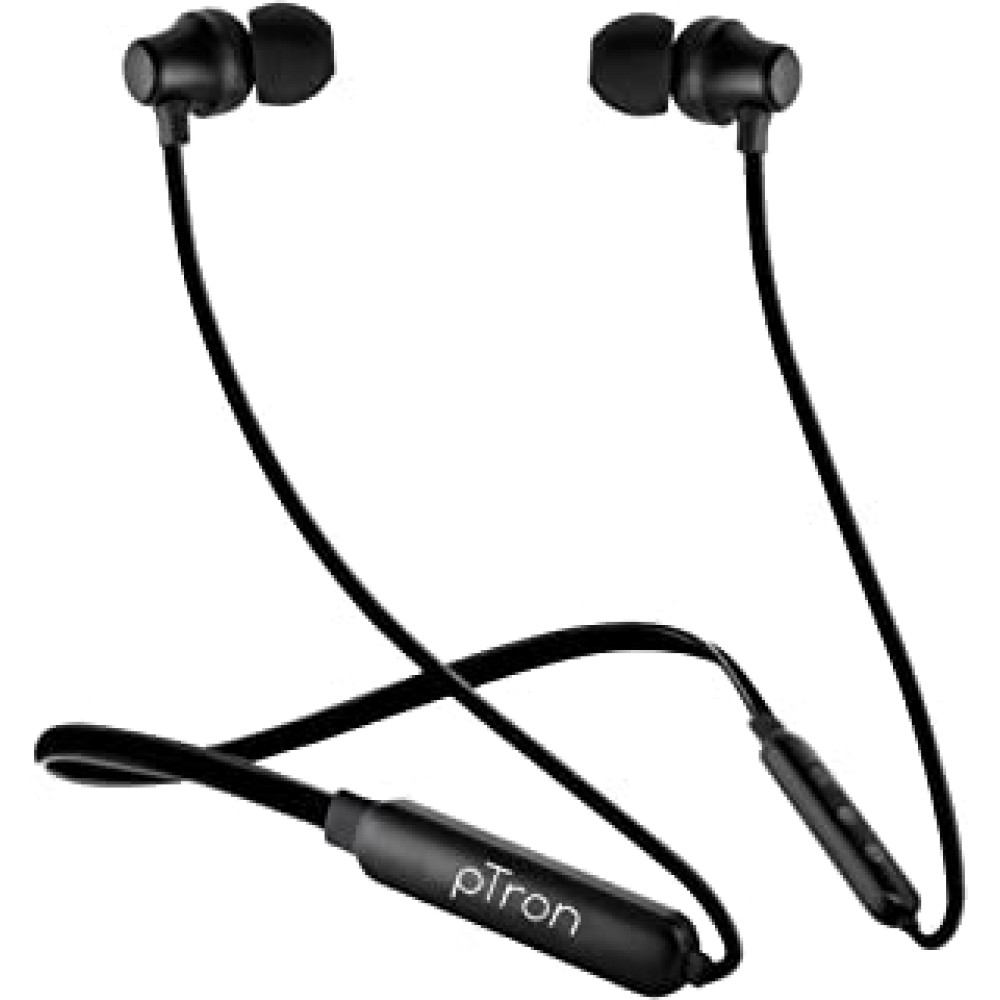 PTron Tangent Lite Bluetooth 5.0 Earphones with Mic, Hi-Fi Stereo Sound Neckband, 8Hrs Playtime, Lightweight Snug-fit in-Ear Headphones, IPX4 Water Resistant, Fast Charge & Voice Assistant (Black)