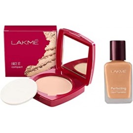 LAKMÉ Face It Compact, Pearl, 9 g & Lakme Perfecting Liquid Foundation, Shell, Waterproof Full Coverage Long Lasting - Light Oil Free Face Makeup with Vitamin E, Dewy Finish Glow, 27 ml