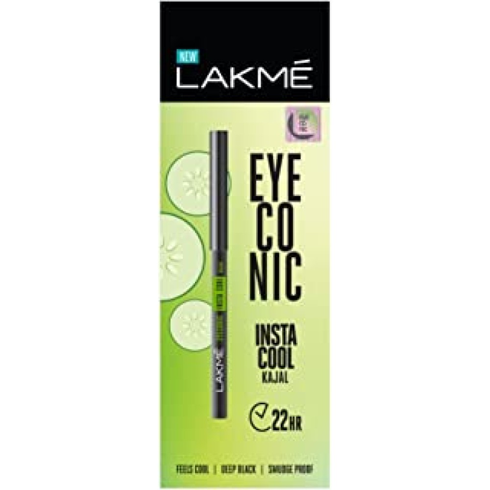 LAKMÉ Eyeconic Insta Cool Kajal, Black, Cooling Kohl Liner with Cucumber, Twist Up Pencil - Waterproof, Smudge Proof & Long Lasting Eye Makeup, 0.35 g, Glossy Finish