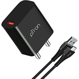 pTron Volta FC12 20W QC3.0 Smart USB Charger with Type-C 1M USB Cable, Made in India, Auto-detect Technology, Multi-Layer Protection, Fast Charging Adaptor (Black)