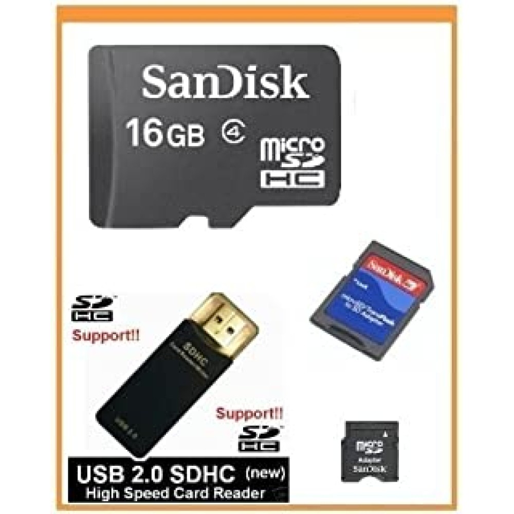 SanDisk 16GB MicroSDHC Memory Card with Adapter (Bulk Package) + SanDisk MicroSDHC to MiniSDHC Adapter (Bulk) + USB2.0 High Speed Card Reader