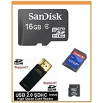 SanDisk 16GB MicroSDHC Memory Card with Adapter (Bulk Package) + SanDisk MicroSDHC to MiniSDHC Adapter (Bulk) + USB2.0 High Speed Card Reader