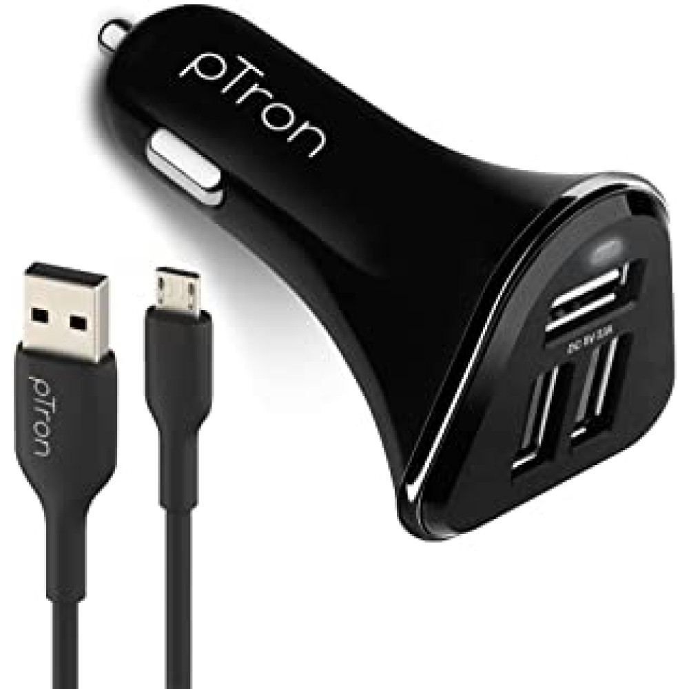 PTron Bullet 3.1A Fast Charging Car Charger, 3 USB Port, Fire Resistant, Lightweight, & Compact Car Charger for All Mobiles with Micro USB Cable (Black)