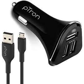 PTron Bullet 3.1A Fast Charging Car Charger, 3 USB Port, Fire Resistant, Lightweight, & Compact Car Charger for All Mobiles with Micro USB Cable (Black)
