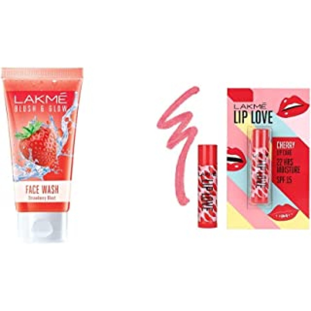 Lakmé Blush & Glow Gel Face Wash, Strawberry Blast, 100g And Lakmé Lip Love Chapstick, Spf15, Cherry, 4.5 g