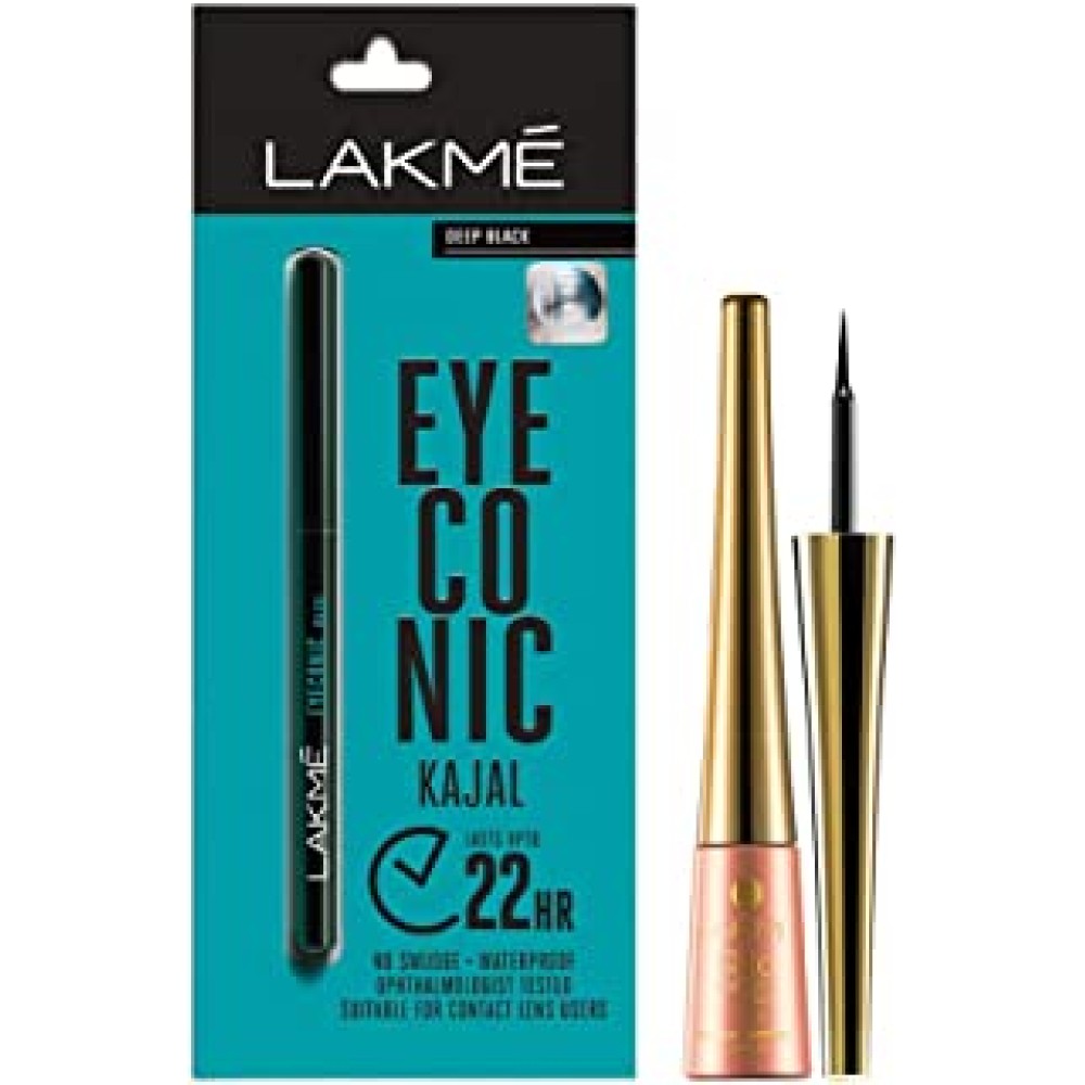 Lakmé Eyeconic Kajal, Black, 0.35g with Lakmé 9 to 5 Impact Eye Liner, Black, 3.5ml