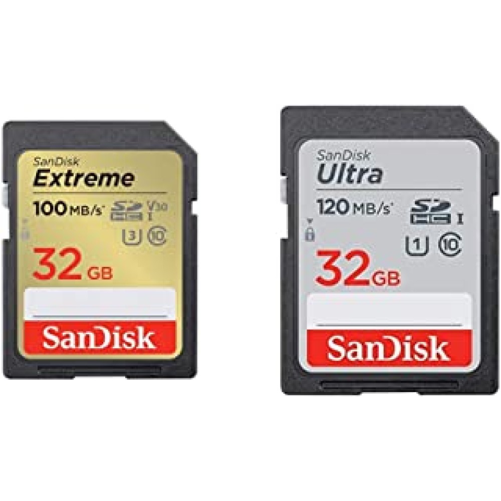 SanDisk Extreme SD UHS I 32GB Card for 4K Video for DSLR and Mirrorless Cameras 100MB/s Read & 60MB/s Write & Ultra SDHC UHS-I Card 32GB 120MB/s R for DSLR Cameras, for Full HD Recording, 10Y Warranty