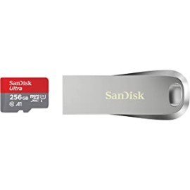 SanDisk Ultra microSD UHS-I Card 256GB, 120MB/s R & Ultra Luxe USB 3.1 Flash Drive 128GB, Upto 150MB/s, All Metal, Metallic Silver