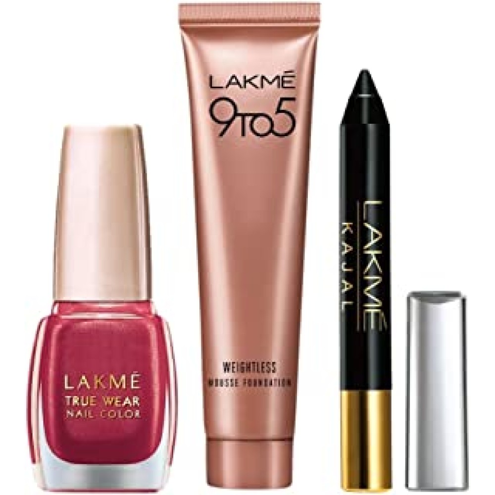 Lakmé True Wear Nail Color, Shade 506, 9 ml & Lakmé Kajal Pencil Eye Liner, Black, 2g & Lakmé Nail Color Remover, 27ml