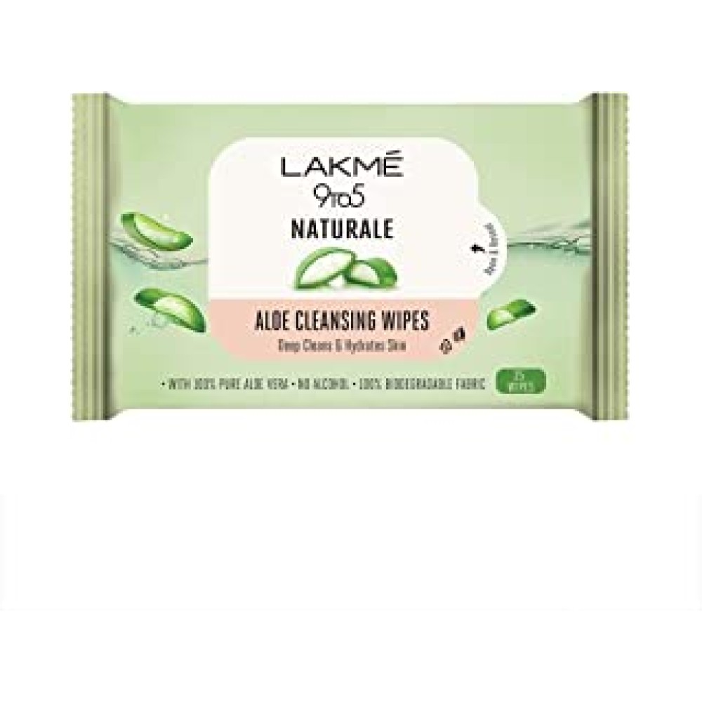 Lakme 9to5 Natural Aloe Cleansing Wipes With Aloe Vera & Glycerine, Alcohol Free, Removes Oil & Dirt, Moisturizes Skin, Biodegradable Fabric, 25 Wipes