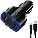 pTron Bullet Pro 36W PD Quick Charger with 3A Type-C 1.5 Meter Nylon Braided USB Cable, 3 Port Fast Car Charger Adapter - Compatible with All Smartphones & Tablets (Black)