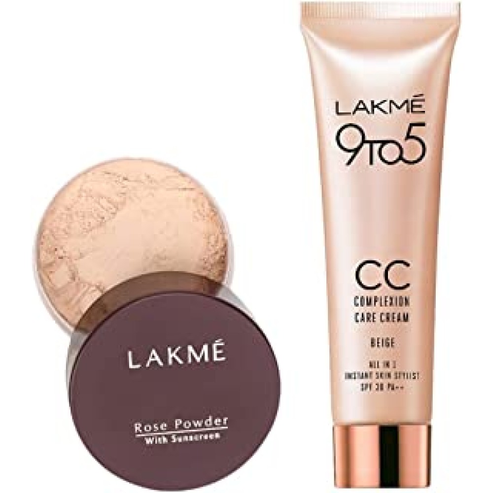 Lakme Rose Loose Face Powder with Sunscreen, Soft Pink, 40 g & Lakme 9 to 5 CC Cream Mini, 01 - Beige, L 9 g