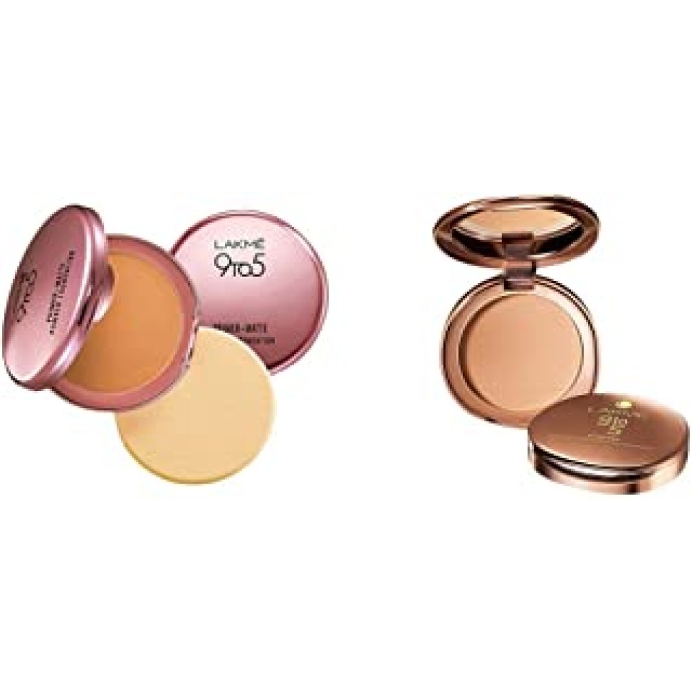 Lakmé 9 to 5 Primer with Matte Powder Foundation Compact, Silky Golden, 9g And Lakmé 9 to 5 Flawless Matte Complexion Compact, Melon, 8g