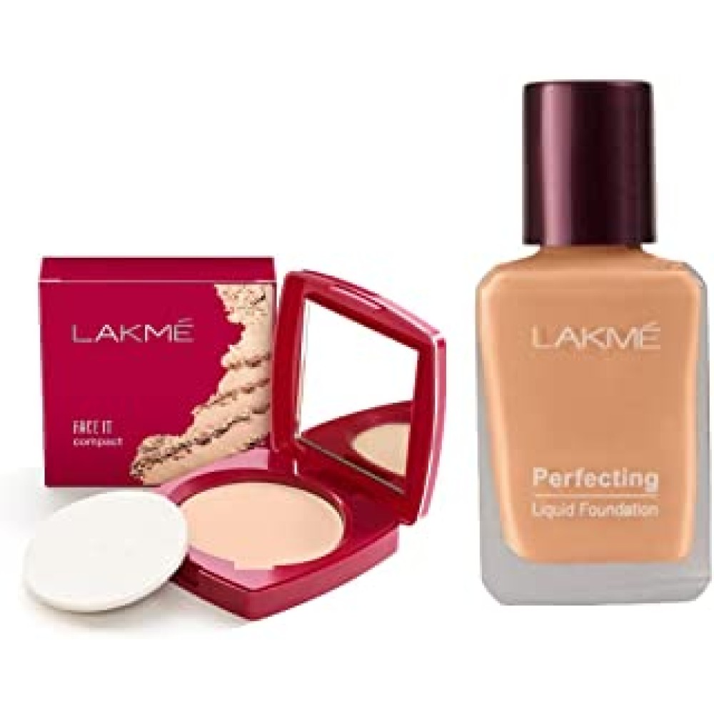 LAKMÉ Face It Compact, Shell, 9 g & Lakme Perfecting Liquid Foundation, Shell, Waterproof Full Coverage Long Lasting - Light Oil Free Face Makeup with Vitamin E, Dewy Finish Glow, 27 ml