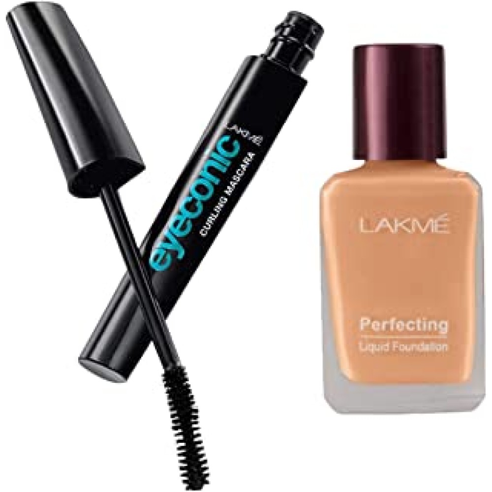 Lakme Eyeconic Lash Curling Mascara, Black, 9ml & Lakme Perfecting Liquid Foundation, Shell, Waterproof Full Coverage Long Lasting , 27 ml