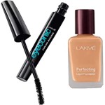 Lakme Eyeconic Lash Curling Mascara, Black, 9ml & Lakme Perfecting Liquid Foundation, Shell, Waterproof Full Coverage Long Lasting , 27 ml