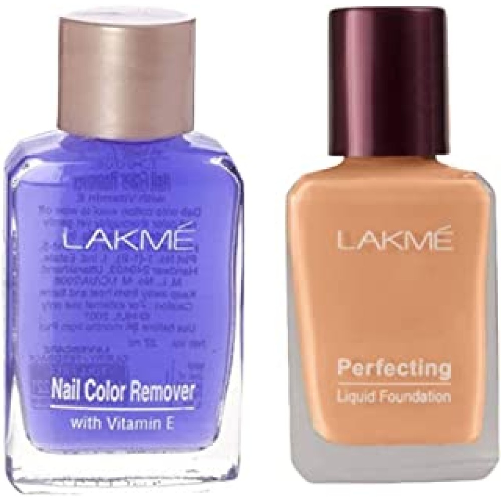 Lakmé Nail Color Remover, 27ml & Lakme Perfecting Liquid Foundation, Shell, Waterproof Full Coverage Long Lasting - Light Oil Free Face Makeup with Vitamin E, Dewy Finish Glow, 27 ml
