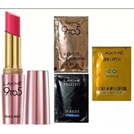 Lakme 9 to 5 Primer Plus Matte Lip Color (Shade: Pink Perft) with 3 Sample Trial Sachets for Face Care (4 Items in the set)