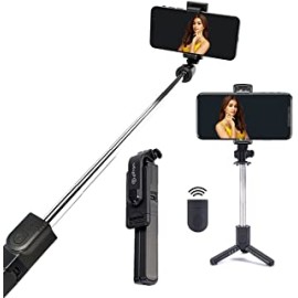 pTron Glam Extendable Selfie Stick with Bluetooth Remote & Tripod Stand, 75cm Extended Length, Compatible with 6.5 to 9.5cm Width Phones, Lightweight & Potable, Rotatable & Adjustable Bracket (Black)